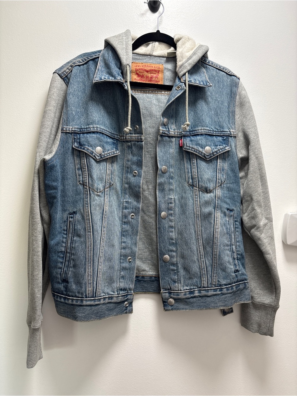 Levi's Blue Denim Jacket with Gray Hoodie Sleeves - S - Autumnal Fall Indie